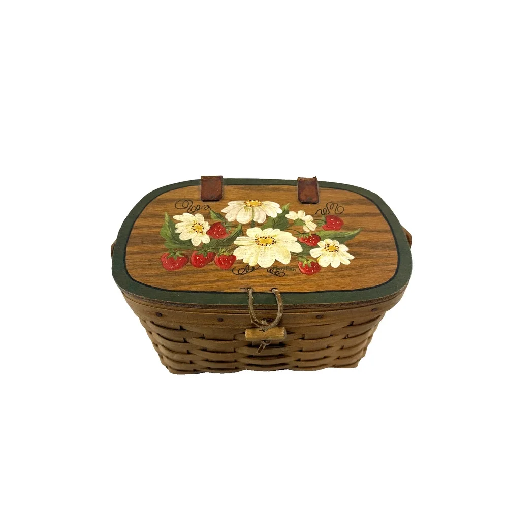 Longaberger Small Purse Basket w/Strawberry & Daisy Painted Lid RARE 9.5L 6W 6H
